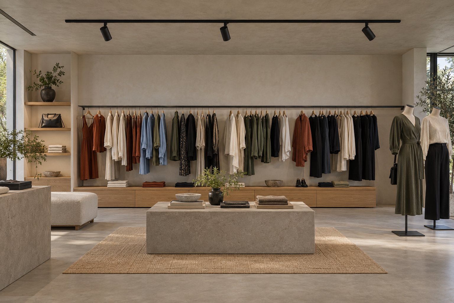 Fashion boutique with garments along a perimeter rail, two mannequins, oak shelves and three ceiling track spotlights.